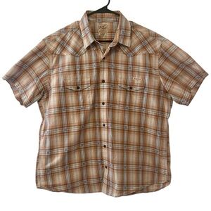 Lucky Brand Mens Brown Plaid Short Sleeve Button Up Shirt XL 100% Cotton Western